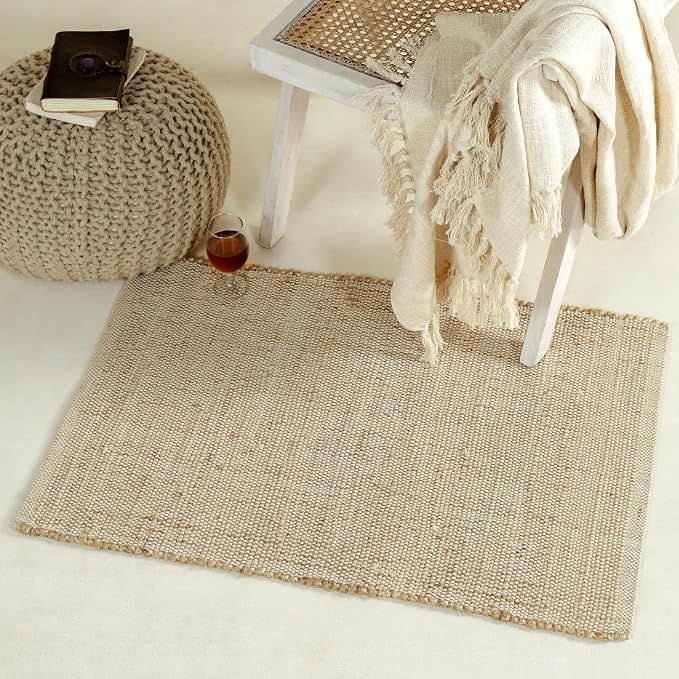 Natural Cotton Jute Rug 2x3 ft - Farmhouse Handwoven Braided Rustic Rug Eco-Friendly Indoor for Doormat, Entryway, Bedroom, Living Room, Kitchen
