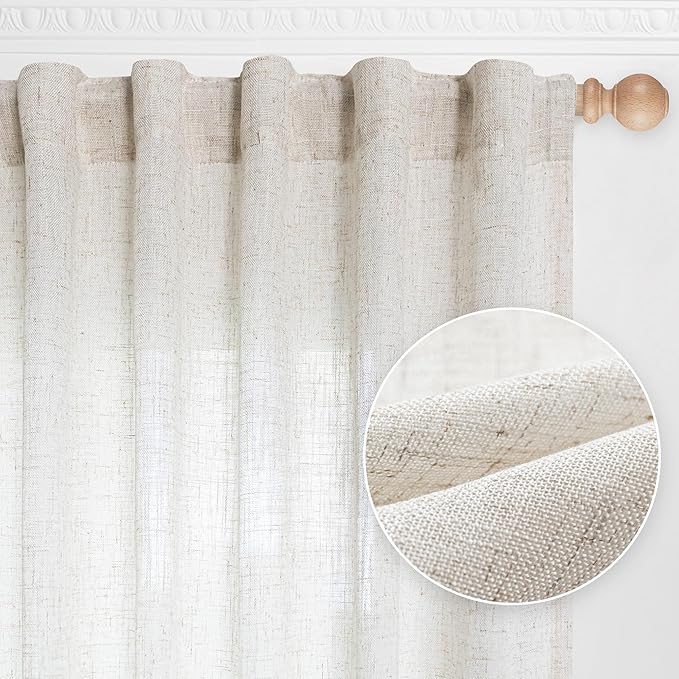 MYSKY HOME Linen Curtains for Living Room 1 Panel, Natural Semi Sheer Curtains & Drapes Light Filtering Farmhouse Country Boho Style Back Tab Draperies for Sliding Glass Door (Customsize, Linen)