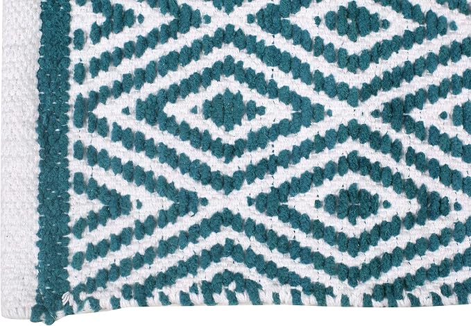 Chenille Cotton Diamond Rug 21x34 Inches - Teal, Reversible Small Soft Washable Front Door Mat Ideal for Kitchen, Entryway, Bathroom | Green Farmhouse Boho Accent Indoor Throw Rugs for Patio