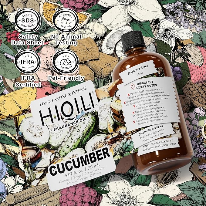 HIQILI Cucumber Fragrance Oil for Diffuser, DIY Soap & Candle - 5.07 Fl Oz | Long-Lasting Fresh Scents for DIY Body Spray, Bath & Skin Products, Pet Safe, Graduated Dropper Included