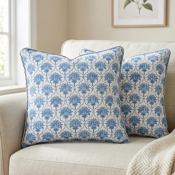 ATOSII Block Print Throw Pillow Covers, 20 X 20 - Set of 2, Decorative Couch Pillows for Living Room Bed Sofa, 100% Cotton Canvas Pillow Case for Home Decor & Outdoors, Preppy Throws - Padma Blue
