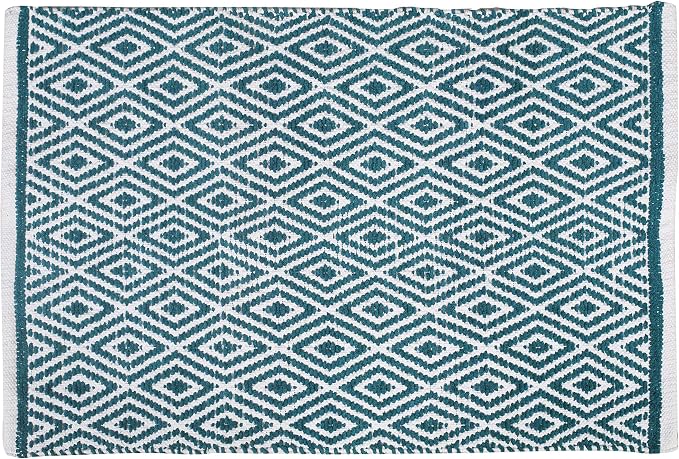 Chenille Cotton Diamond Rug 21x34 Inches - Teal, Reversible Small Soft Washable Front Door Mat Ideal for Kitchen, Entryway, Bathroom | Green Farmhouse Boho Accent Indoor Throw Rugs for Patio