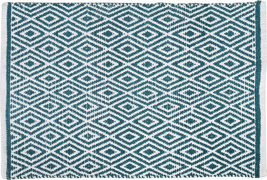 Chenille Cotton Diamond Rug 21x34 Inches - Teal, Reversible Small Soft Washable Front Door Mat Ideal for Kitchen, Entryway, Bathroom | Green Farmhouse Boho Accent Indoor Throw Rugs for Patio
