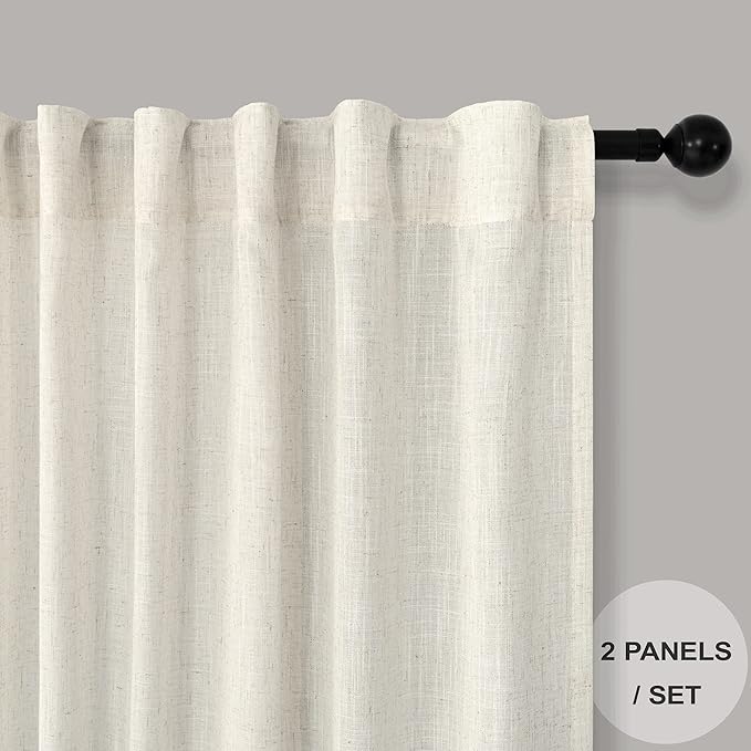 Pitalk Off White Linen Curtains 92 Inch Length 2 Panels for Living Room Dining Back Tab Pocket Pleated Look Window Curtain Drape Rustic Farmhouse Decor Ivory Cream Curtain for Bedroom 52 x 92 Long