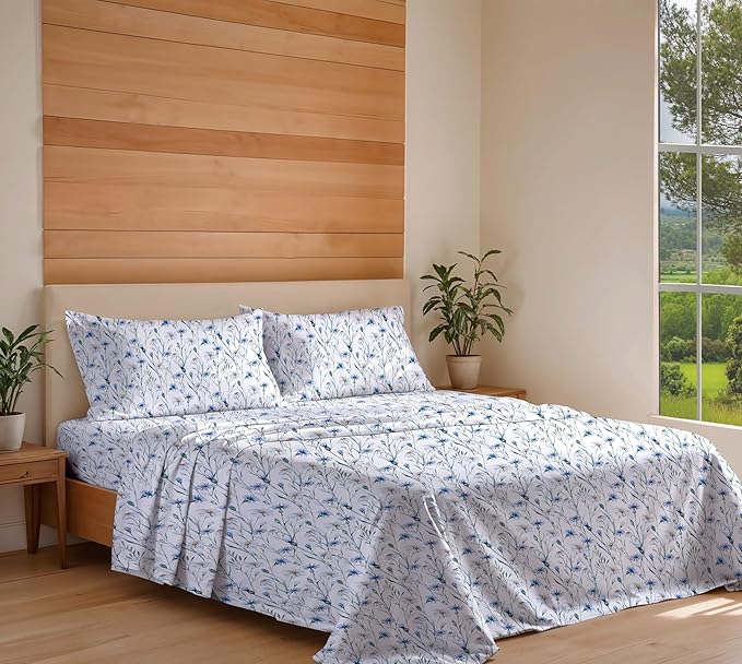 RUVANTI 100% Cotton Organic Percale Sheets Full Size – Crisp Cooling Bed Sheets for Hot Sleepers, Deep Pocket 15”, Soft Peach Finish, Breathable & Durable Hotel-Style 4 Pcs, Daisy Bud