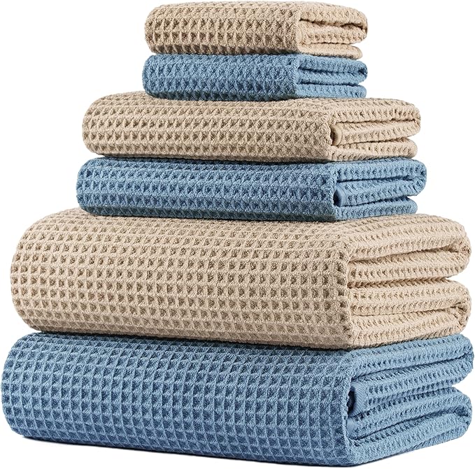 POLYTE 430 GSM Microfiber Quick Dry Lint Free Oversize Bath Towel Set, 6 Piece (Waffle Weave)