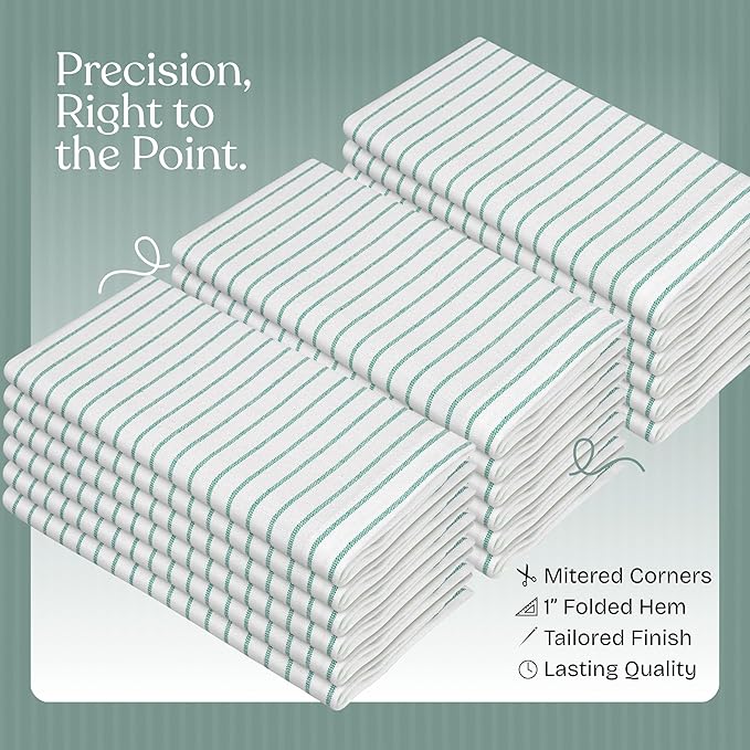 Sea Green Stripe Dinner Napkins (Set of 12), 18x18 Inch, 100% Cotton, Machine Washable, Classic Striped Table Linen for Beach Lunches, Formal Events, Outdoor Dining & Everyday Use