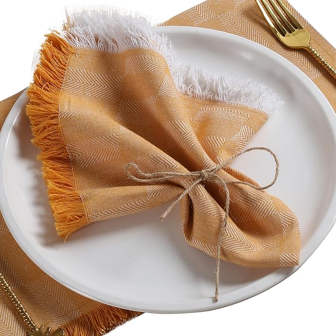 Native Fab Cloth Napkins Set of 4, 16"x16", Herringbone Weave, 100% Cotton Napkins with Handmade Fringes, Resuable Table Napkins for Dinner, Cocktail, Holiday, Wedding - Mustard Yellow