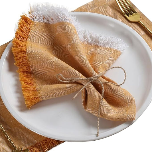 Native Fab Cloth Napkins Set of 4, 16"x16", Herringbone Weave, 100% Cotton Napkins with Handmade Fringes, Resuable Table Napkins for Dinner, Cocktail, Holiday, Wedding - Mustard Yellow