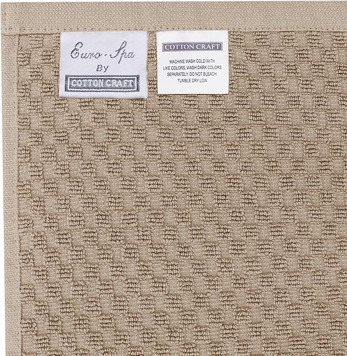 COTTON CRAFT Euro Spa Waffle Wash Cloth - Set of 12 Luxury Pure Ringspun Cotton Waffle Weave Bathroom Face Towel - Everyday Absorbent Hotel Gym Shower Beach Kitchen Travel Dorm - 12x12 inches - Linen