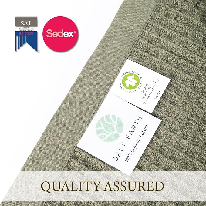 Salt Earth GOTS Certified 100% Organic Cotton Throw Blanket, 55"x60" Waffle Blankets & Throws for Bed, Throw Blanket for Couch, Cozy Christmas Blankets and Throws for Christmas Gifts (Ivy Green)