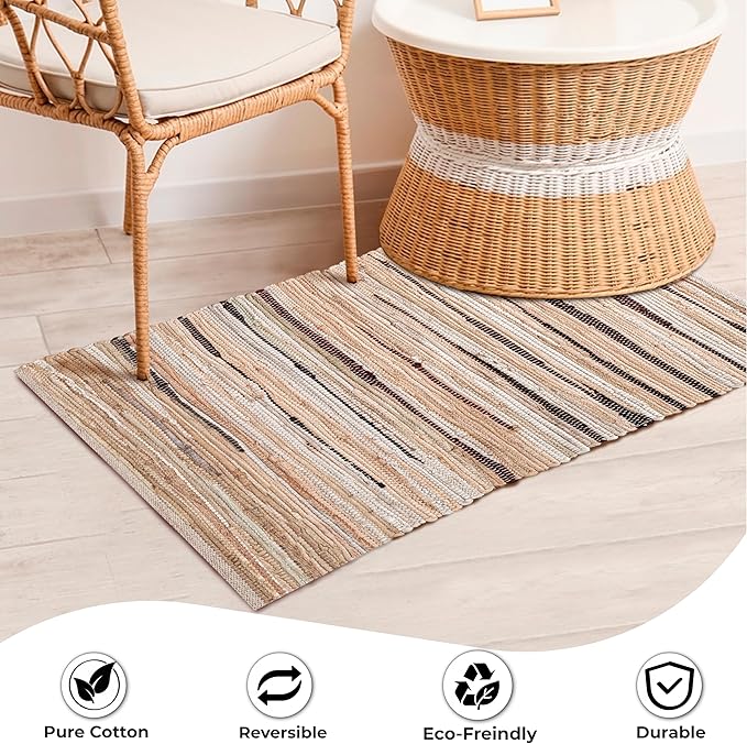 Cotton Hand Woven Chindi Rug 2x3 Feet - Beige, Decorative Soft Throw Indoor Floor Rag Rugs Ideal for Entryway, Kitchen, Kids Room | Durable Lightweight Neutral Home Space Dhurrie for Costal Décor