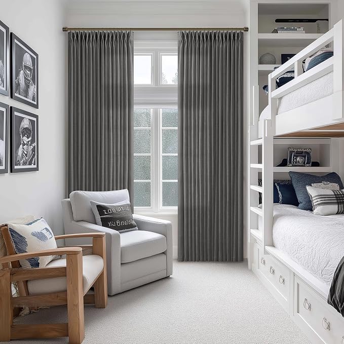Gray Linen Pinch Pleated Curtains 108 Inches Long 2 Panels for Living Room Bedroom Light Filtering Linen Drapes 108 Inch Length Charcoal Grey Semi Sheer Memory Shape Trained Ceiling Floor Curtain 9Ft