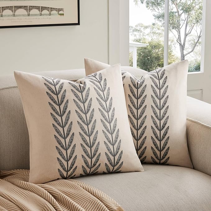 100% Cotton Farmhouse Leaves Throw Pillow Covers Set of 2, 16x16 Inch Black Pastoral Decorative Print Cushion Covers for Sofa Bed Living Room Home Decor