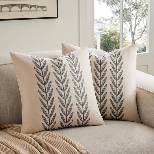 100% Cotton Farmhouse Leaves Throw Pillow Covers Set of 2, 24x24 Inch Black Pastoral Decorative Print Cushion Covers for Sofa Bed Living Room Home Decor