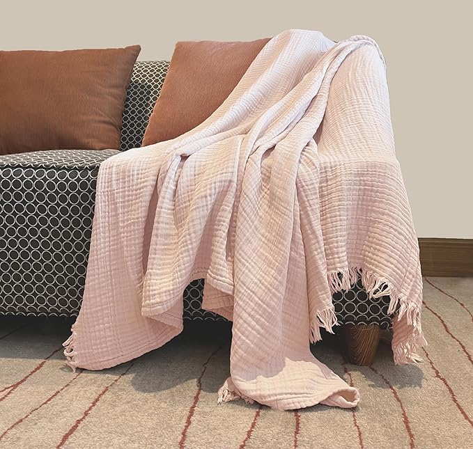 KyraHome 100% Organic Cotton Muslin Throw Blankets for Couch, Girls, Adults, 50"x60", Pre-Washed Plant Dyed, Breathable Lightweight Summer Throw Blanket, All Season (Soft Pink)