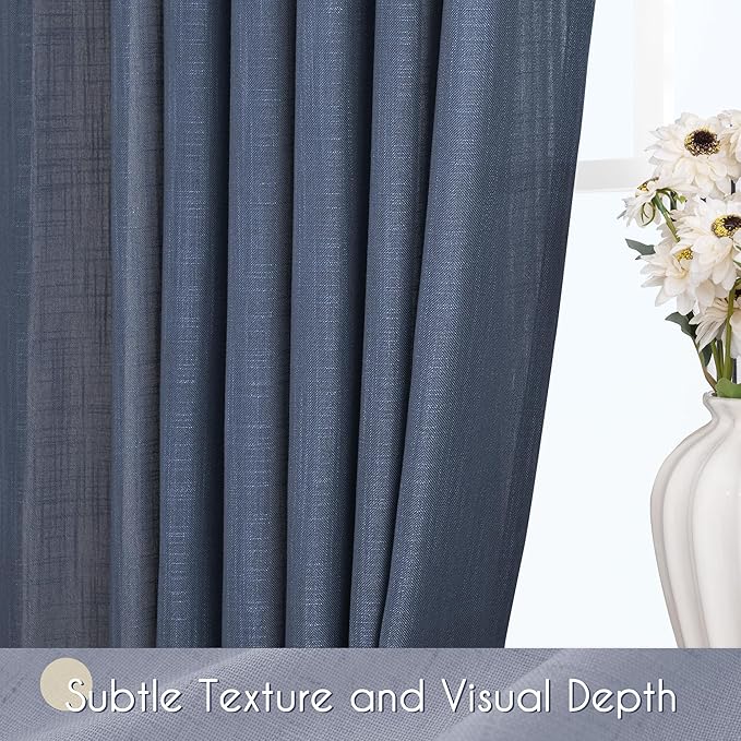 Navy Blue Curtains 54 inch Length for Bedroom Back Tab Light Filtering Semi Sheer Blue Living Room Curtains Linen Cotton Textured Indigo Blue Drapery Panel Modern Farmhouse Aesthetic Decor Dark Blue