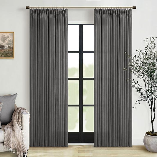 Grey Pleated Linen Curtains 96 Inches Long for Living Room 2 Panel Set Semi Sheer Light Filtering Pinch Pleat with Rings Hooks Drapes Neutral Charcoal Gray Curtain Boys Men Bedroom Window W50xL96
