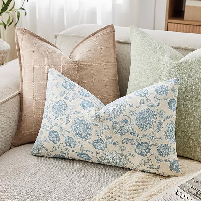 100% Cotton Botanical Lumbar Throw Pillow Covers Set of 2, 12x20 Inch Light Blue, Farmhouse Double-Sided Floral Print Decorative Cushion Covers Pillow Cases Boho Home Decor