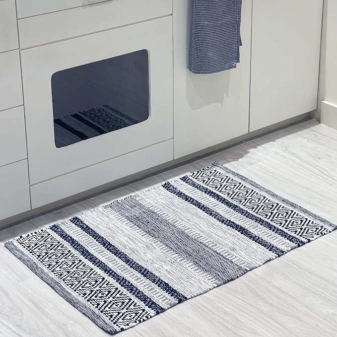 Chardin home Farmhouse Rug 24''x36'' Grey-Navy | Recycled Cotton Hand Woven Rug, Long Boho Rug | Perfect for Hallways, Kitchens, Bathroom, bedrooms, Meditation Yoga Mat | Machine Wash