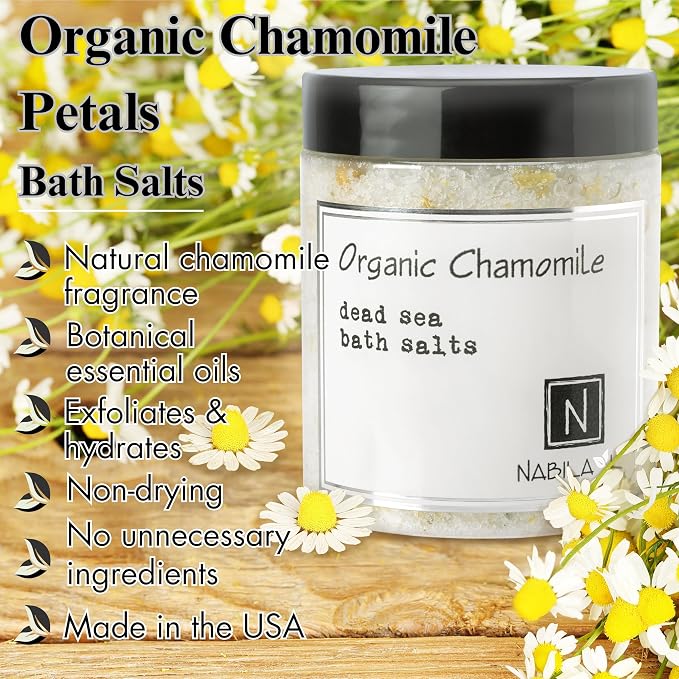 Organic Chamomile Bath Salts for Women & Men - Dead Sea Salt & Epsom Salt Calming Soak and Scrub - Organic Buds & German Chamomile Oil, Cruelty-Free, Sulfate-Free | Travel Size, 2 oz | Nabila K