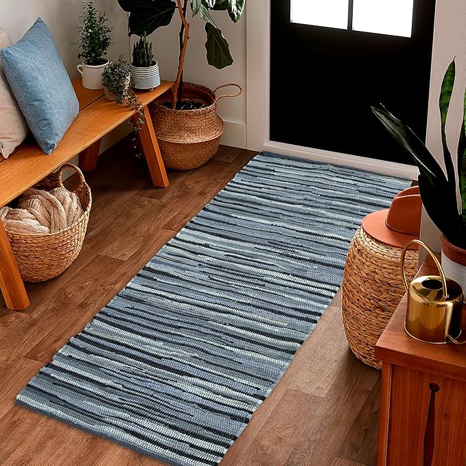 Cotton Hand Woven Chindi Runner Rug 2x6 Feet - Charcoal, Farmhouse Stripe Soft Area Floor Runners Ideal for Hallways, Kitchen, Nursery | Grey Decorative Reversible Indoor Space Mat for Bedroom