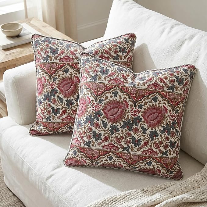 ATOSII Block Print Throw Pillow Covers, 24" X 24" - Set of 2, Decorative Couch Pillows for Living Room Bed Sofa, 100% Cotton Canvas Pillow Case for Home Decor & Outdoors, Preppy Throws - Bella