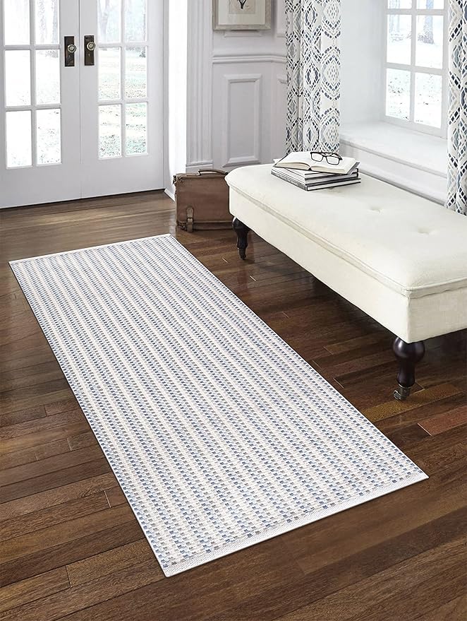 Cotton Chalk Stripe Woven Runner Rug 2x6 Feet - Blue, Reversible Boho Large Area Runners Ideal for Hallways, Bedroom, Kitchen, Living Room | Soft Laundry Space Farmhouse Washable Home Floor Décor Mat