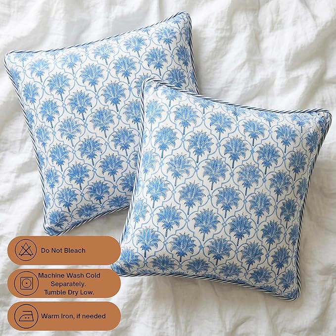ATOSII Block Print Throw Pillow Covers, 24" X 24" - Set of 2, Decorative Couch Pillows for Living Room Bed Sofa, 100% Cotton Canvas Pillow Case for Home Decor & Outdoors, Preppy Throws - Padma Blue