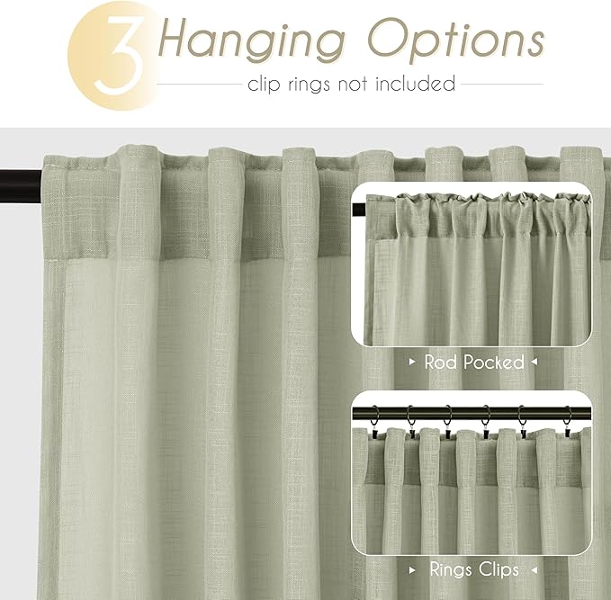 Linen Blend Sage Green Curtains 45 inch Length 2 Panels for Bedroom Back Tab Light Filtering Semi Sheer Drapes Linen Cotton Textured Light Green Airy Modern Farmhouse Living Room Sage Aesthetic Decor