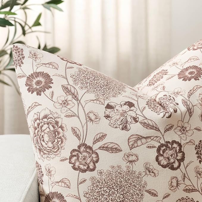 100% Cotton Botanical Throw Pillow Covers Set of 2, 12x20 Inch Taupe, Farmhouse Double-Sided Floral Print Decorative Cushion Covers Pillow Cases Boho Home Decor