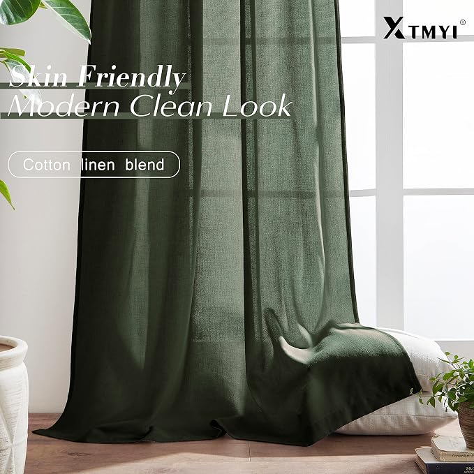 XTMYI Back Tab/Hook Belt Linen Cotton Sheer Curtains for Bedroom Living Room,70 Inch Wide,90 Inch Length 2 Panels,Olive Green