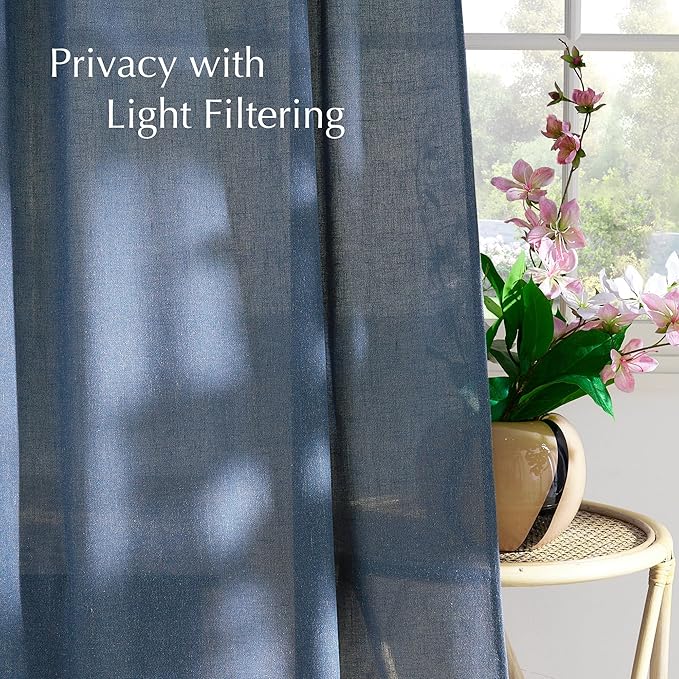 NICETOWN Thick Linen Navy Blue Curtains 96 inches Long, Rod Pocket & Back Tab Flax Semi-Sheer with Light Filtering Window Treatments Privacy Assured for Living Room, W55 x L96, 2 Panels