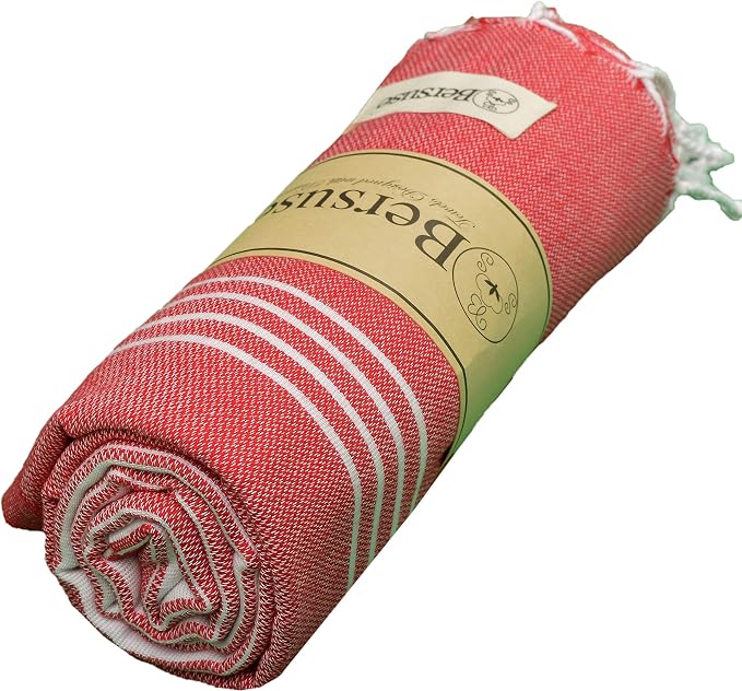 Bersuse Towels Anatolia XL Beach Blanket Throw Blanket Turkish Towel 100% Cotton Extra-Large Quick-Dry Lightweight Premium Peshtemal Towel - 61x82 Inches, Red