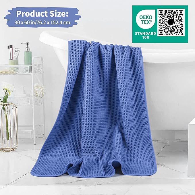 MICROFI New Microfiber Waffle Bath Towels, 2 Pieces, Soft, Absorbent, Fast Drying, Lint Free 430 GSM (Dark Blue)