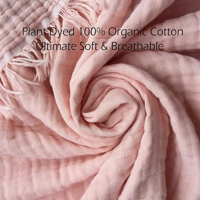 KyraHome 100% Organic Cotton Muslin Blankets for Adults, Girls, 60"x80", Plant Dyed, Breathable Lightweight Gauze Summer Throw Blankets for Couch, Napping, All Season (Soft Pink)