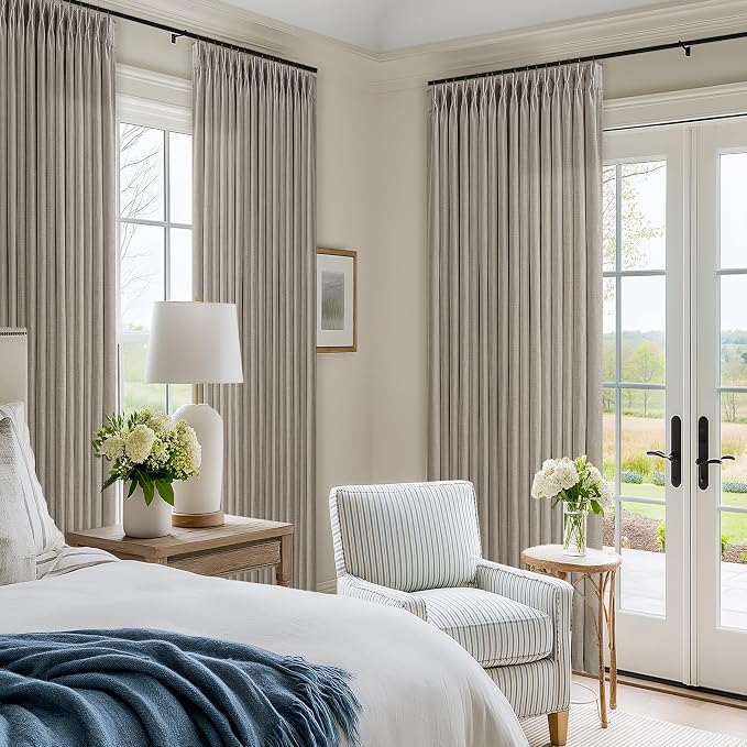 Linen Taupe Curtains 96 Inches Long Pinch Pleat for Living Room Dining 2 Panels Tan Brown Burlywood Light Filtering Privacy 96 Inch Pleated Drapes Hooks Rings Back Tab for Sliding Door Bedroom