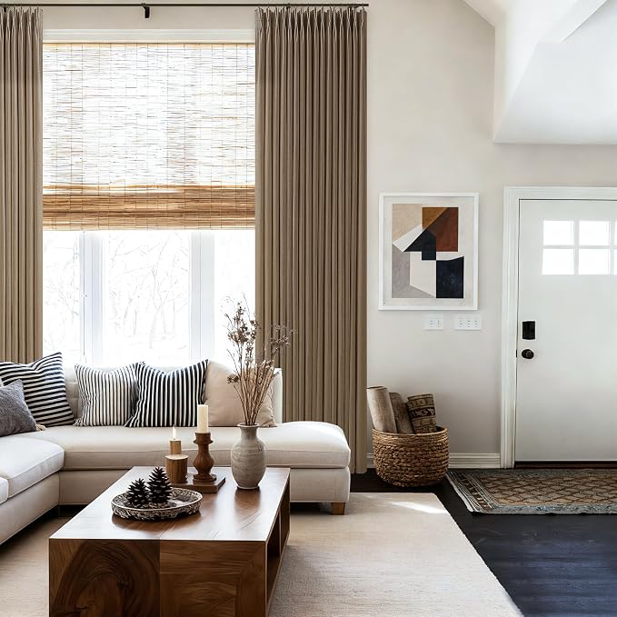 Pinch Pleated Brown Thick Linen Curtains 86 Inches Long for Living Room Bedroom Dutch Cocoa Boho Light Filtering Back Tab Pleat Curtain 86 Inch Length 2 Panels Semi Sheer Memory Trained Drapes 50x86