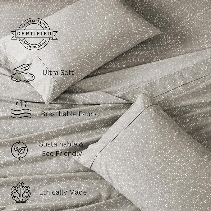 LANE LINEN 100% Organic Cotton Twin Bed Sheet Set, Luxury Hotel Style Fade Resistant Deep Pocket Machine Washable Twin Size Sheet Set, Eco Friendly Mercerized Cotton Sheets- Grey(White Dot)