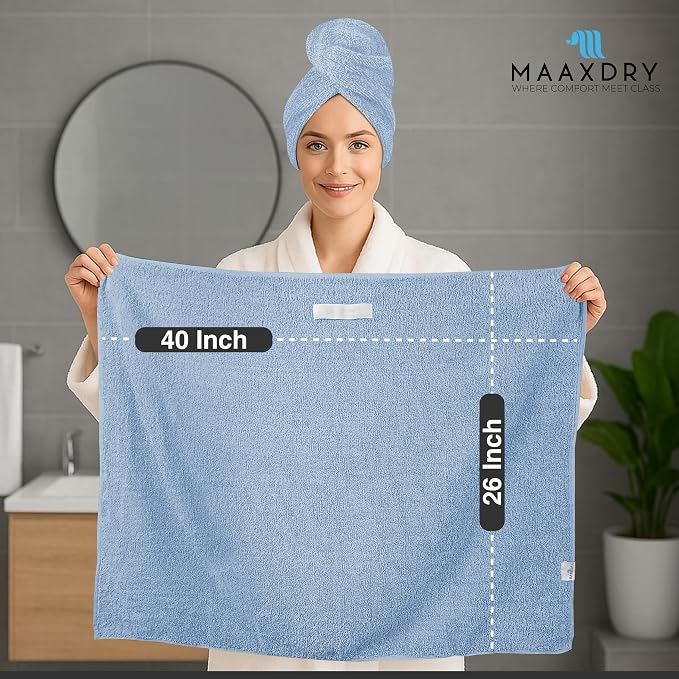 100% Cotton Hair Towel Wrap for Women, Men & Kids – Non-Microfiber 450 GSM Thick Super Absorbent Hair Towel 26x40 Inches, Secure Elastic Hair Wrap for Long & Curly Hair (Blue)