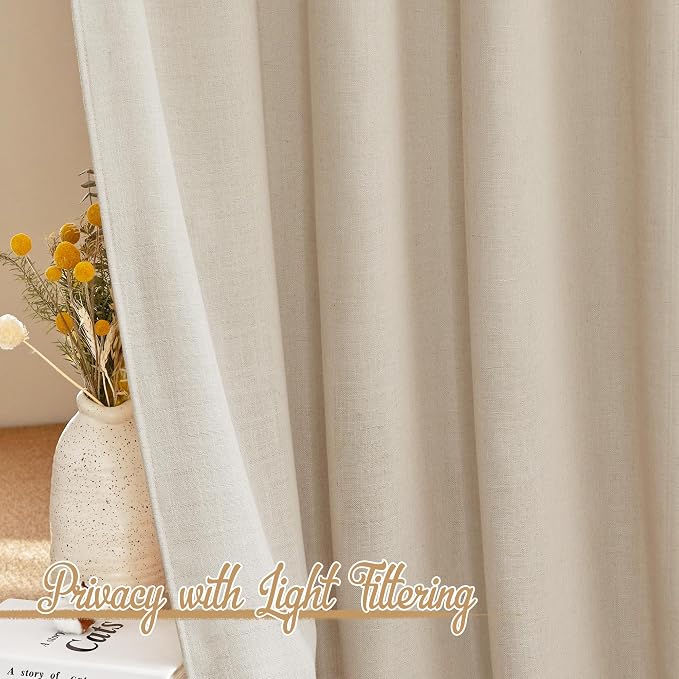 NICETOWN Linen Cream Curtains 90 inches Long, Rod Pocket & Back Tab Flax Linen Burlap Semi Sheer with Light Filtering Privacy Window Treatments for Bedroom/Living Room, W52 x L90, 2 Pieces