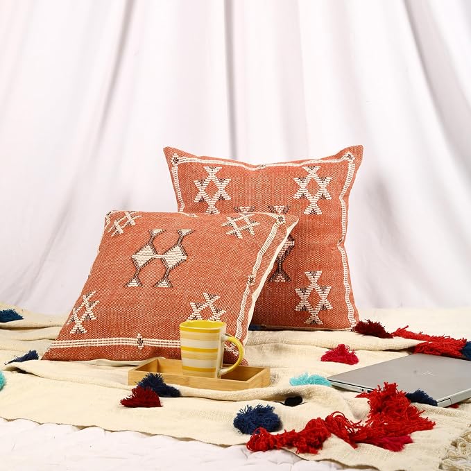 Trade Star 100% Cotton Throw Pillow Cover Handwoven Pillowcase 18x18 Inches Handloomed Rug Decorative Cushion Case Designer Square Pillow Sham Set of 2 Cotton Cushion Cover