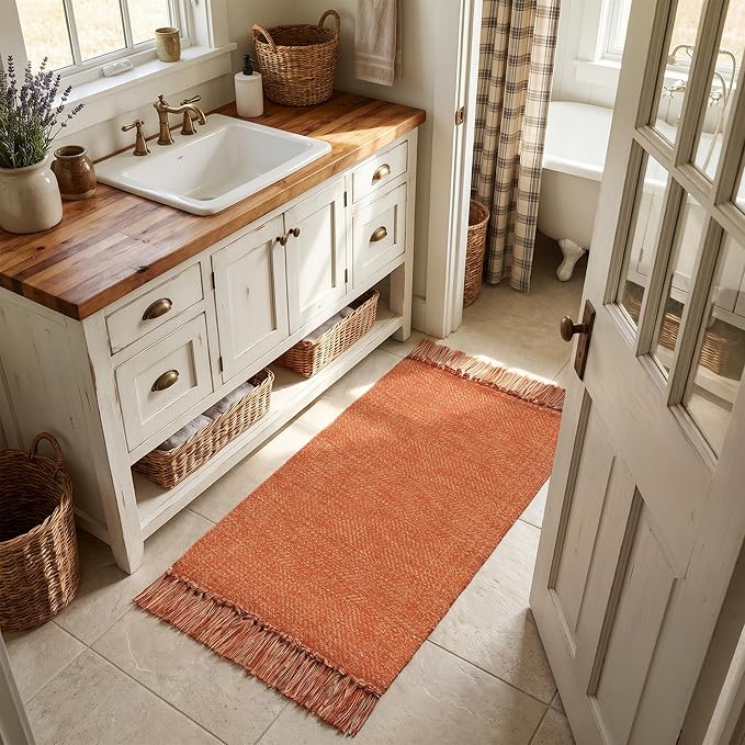 Collive Kitchen Runner Rug, 2' x 4.3' Hand-Woven Reversible Washable Rugs, Terracotta Cotton Modern Farmhouse Bathroom Mat Hallway Carpet for Foyer Bedroom Entry Front Door Fall Decor