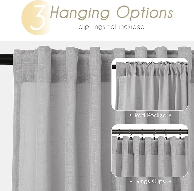 Linen Blend Grey Curtains for Living Room Back Tab Modern Farmhouse Semi Sheer Light Gray Curtains 45 inches Long 2 Panels Set Muted Neutral Cotton Texture Window Curtain for Dining Room Bedroom