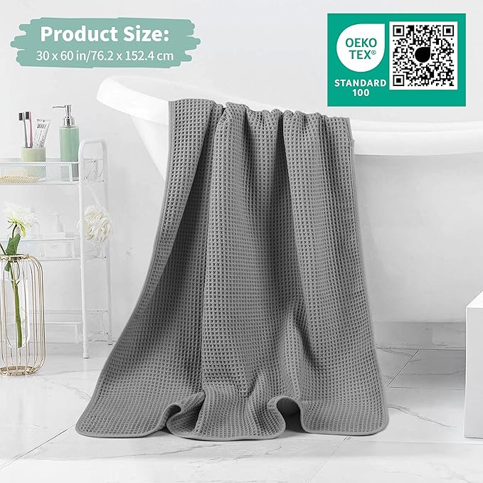 MICROFI New Microfiber Waffle Bath Towels, 2 Pieces, Oversized, Soft, Absorbent, Fast Drying, Lint Free 430 GSM (Gray)