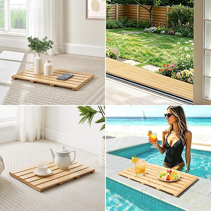 Bamboo Bath Mat, Non-Slip Waterproof Shower Mat with Rubber Feet Luxury Spa-Grade Wooden Floor Mat for Bathroom, Bathtub, Sauna, Indoor & Outdoor Use