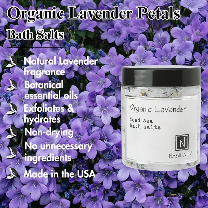 Organic Lavender Bath Salts for Women & Men - Dead Sea Salt & Epsom Salt Relaxing Soak and Scrub - Organic Lavender Buds & French Lavender Oil, Cruelty-Free, Sulfate-Free | 8 oz | Nabila K