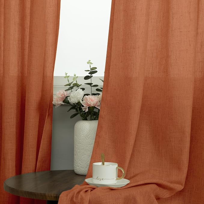 Ptialk Burnt Orange Curtains 63 Inch Length for Bedroom 2 Panels Set Grommet Semi Transparent Linen Sheer Boho Terracotta Curtains for Living Room Kids Nursery Teen Rust Brick Red Brown 52x63 Long