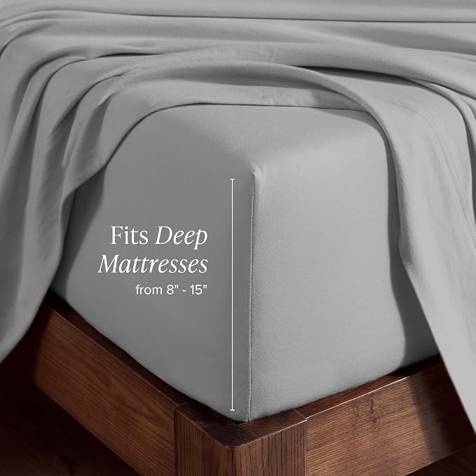 Bare Home 100% Organic Cotton Jersey Fitted Sheet - Queen Size - Ultra Soft - Deep Pocket Fitted Sheet - 100% Cotton - Ring Spun Yarns (Queen, Light Grey)