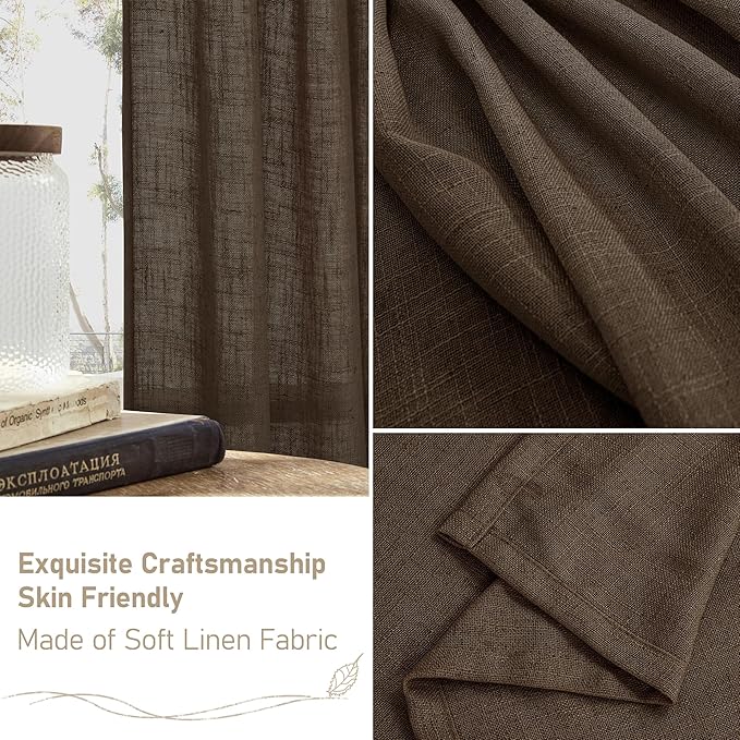 LAMIT 40 Inch Length Linen Curtains for Small Windows, Semi Sheer Light Filtering Panels Back Tab and Rod Pocket Neutral Drapes for Basement/Window/Loft Room, Dark Brown, 2 Panels, 34 x 40 Inch